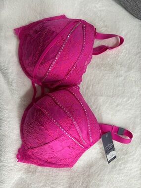 Cacique Hot Pink Lace Push-Up Bra with Rhinestone Trim